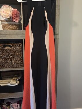 BCBGMaxAzria Black, Coral & Cream Colorblock Maxi Dress